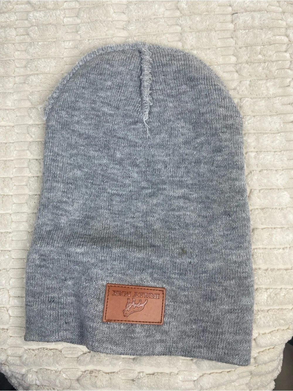 Pitbull Lovers! Bully Max Heather Grey Knit Beanie Brown Faux Leather Patch Cuff